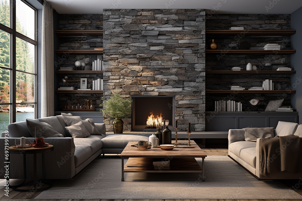 3d rendered Minimal style Modern living room interior design with sofa and fireplace
