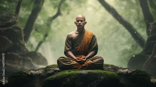 A Tibetan monk meditates in a green forest. photo