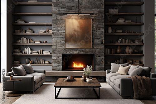 3d rendered Minimal style Modern living room interior design with sofa and fireplace © Irfan Hameed