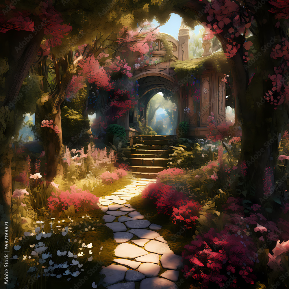 A hidden garden filled with blooming flowers and winding paths.