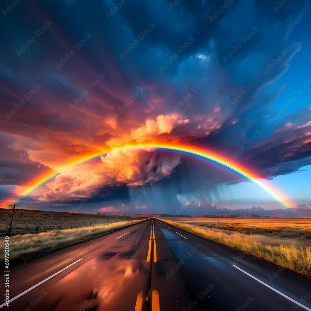 A rainbow stretching across the sky after a passing storm