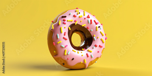 Tasty donut with colored glaze and sprinkles isolated on clean background with copy space