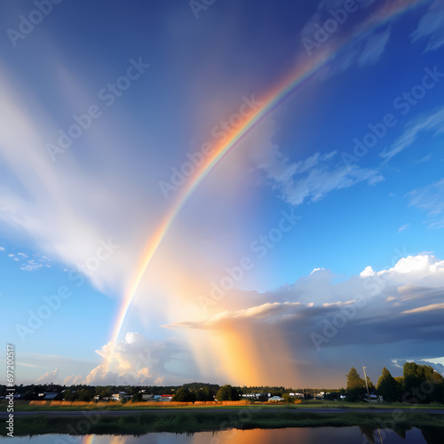 A rainbow stretching across the sky after a passing storm
