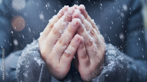 Une personne en train de se blottir les mains en hiver sous la neige.  photo