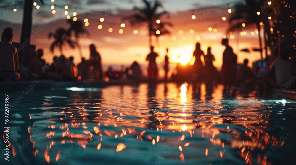 blurred view of people reveling in the festivities at a beach party by swimming pool - obrazy, fototapety, plakaty 