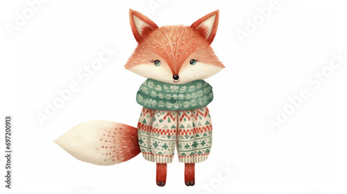 Cute fox watercolor illustration in Christmas style. Funny animal in clothes. photo