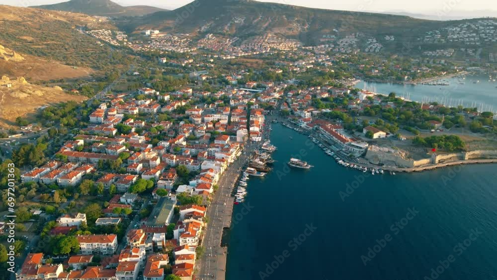 Lagoon with boats in Foca resort town in Turkey on Aegean sea coast. Aerial view Lagoon with boats in Foca resort town in Turkey on Aegean sea coast. Aerial view