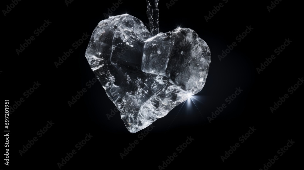 Ice cube in the shape of a heart. Frozen water crystals on a black background. Icy love.