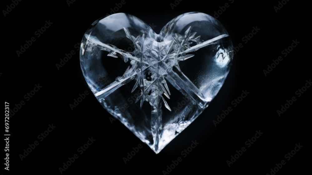 Ice cube in the shape of a heart. Frozen water crystals on a black background. Icy love. Ice cube in the shape of a heart. Frozen water crystals on a black background. Icy love.