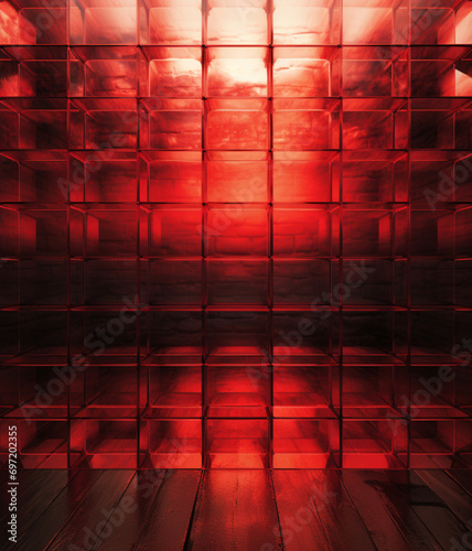fotografia con detalle de pared de ladrillos de vidrio de tonos rojos con difuminado de luz