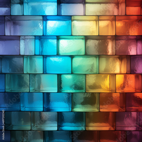 fotografia con detalle de pared de ladrillos de vidrio de tonos arcoiris con difuminado de luz