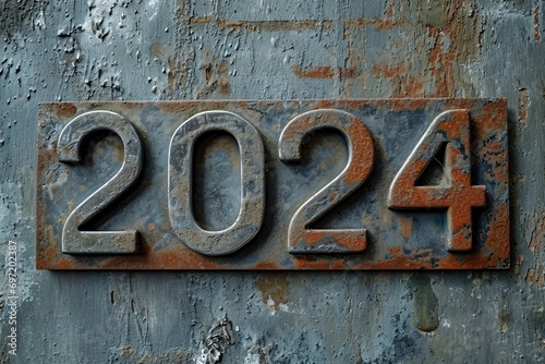 Industrial Impressions: The numbers "2024" etched on steel, serving as a rugged background wallpaper
