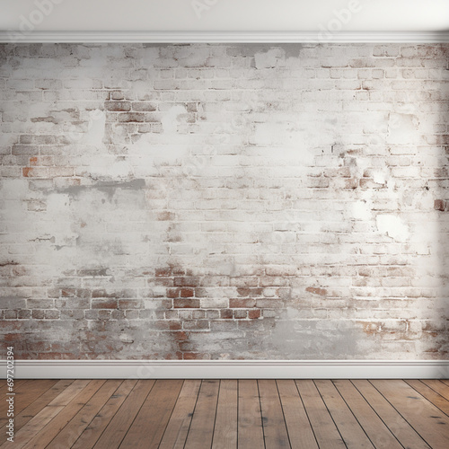 Fotografia con detalle de estancia con suelo de madera y pared de ladrillo antiguo con vetas blancas photo