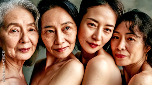 Group of Mature Asian Women in a Spa Salon. Mature Ladies Show of Their Perfect Skin. Health and Skin Care Concept.