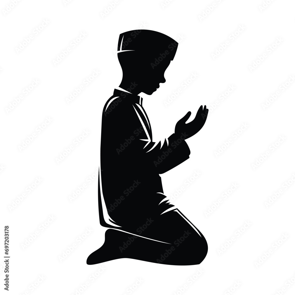 A silhouettes of solemnly muslim boy raising their hands in prayer, kneeling and bowing, vector illustration, isolated on white background.