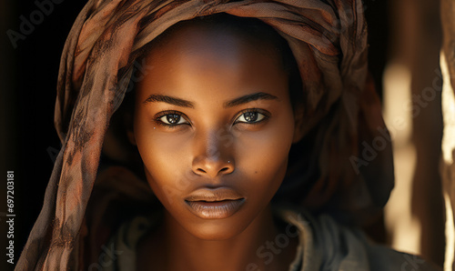 Soulful Portrait of an African Woman with a Traditional Headscarf, Her Gaze Piercing Through the Shadows