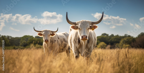 cow and calf, two white longhorn cattle standing in a field