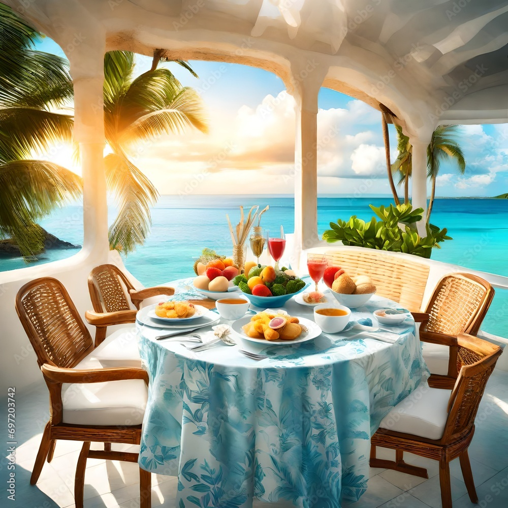 Beautiful tropical sea and sky background; opulent breakfast table.