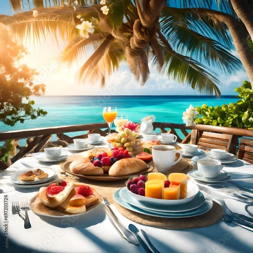 Beautiful tropical sea and sky background; opulent breakfast table.