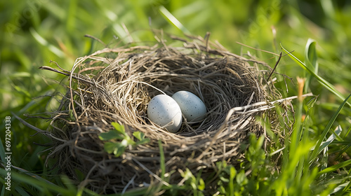 Un nid d'oiseau construit à partir de brindilles et d'herbe contenant des oeufs dans l'herbe verte.