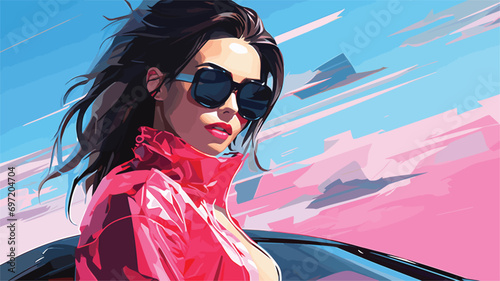  fashion cyberpunk girl drive supercar asian woman with future digital glasses realistic. Vector illustration 
