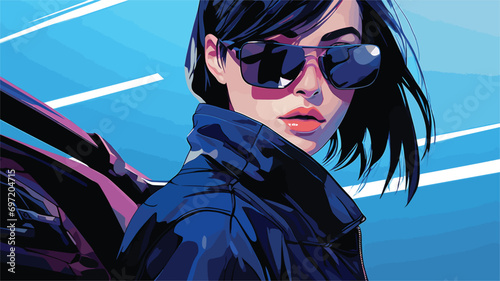  fashion cyberpunk girl drive supercar asian woman with future digital glasses realistic. Vector illustration 