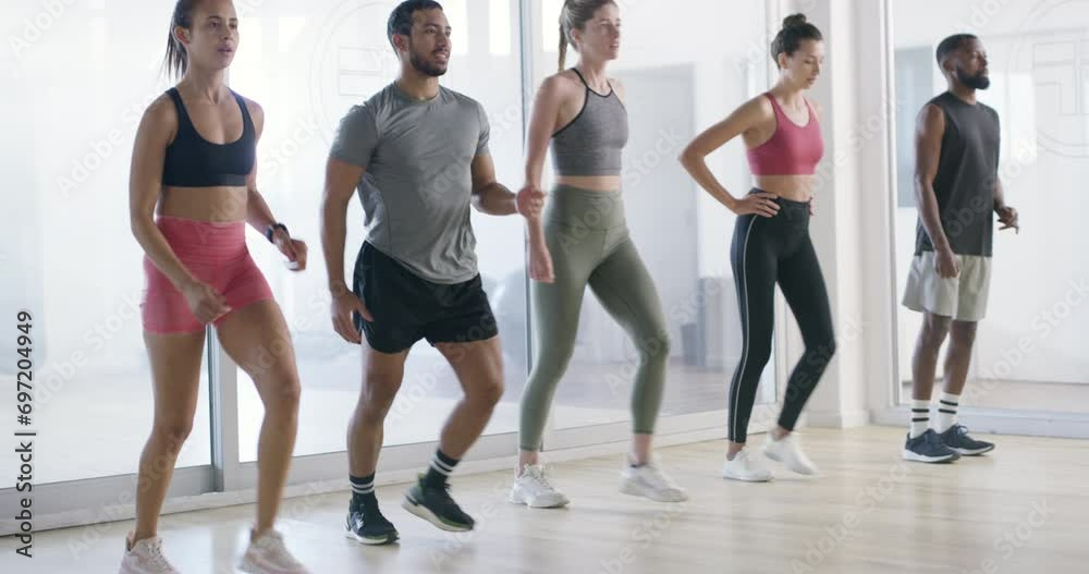 Group, lunges or people in gym for fitness workout, cardio exercise or healthy wellness in aerobics class. Diversity, teamwork and sports athletes in club for training legs with endurance or energy