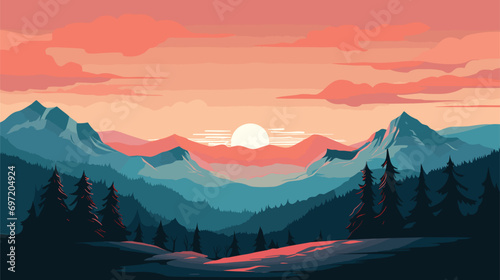  digital illustration mountain landscape with sunset background. Vector illustration 