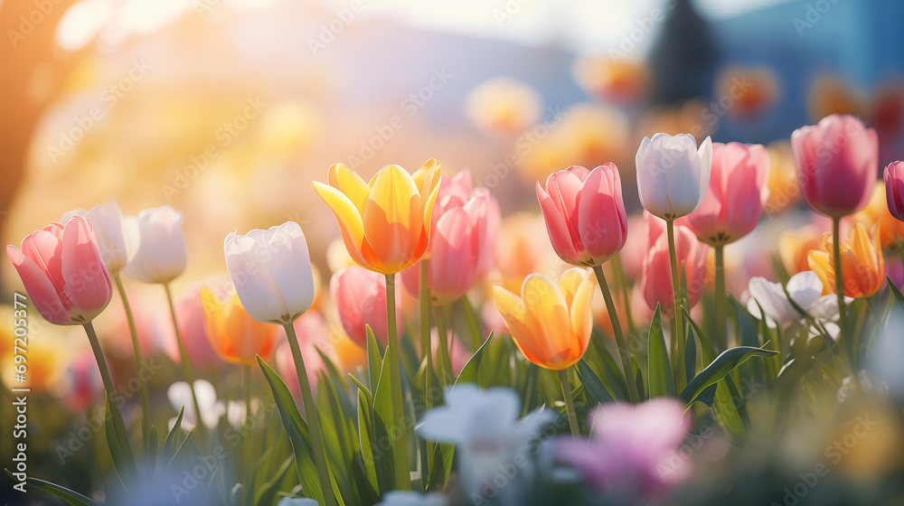 tulips close-up, floral background, spring background with blurred background and sunlight