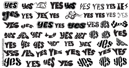 Cute Yes word cartoon vector patches collection. Stickers, badges, prints with quotes, doodles and lettering. yes,. Flat style inspirational illustration. Funny speach bubbles,90s retro style.