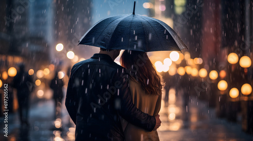 Un couple se tenant sous un parapluie en pleine nuit en ville.