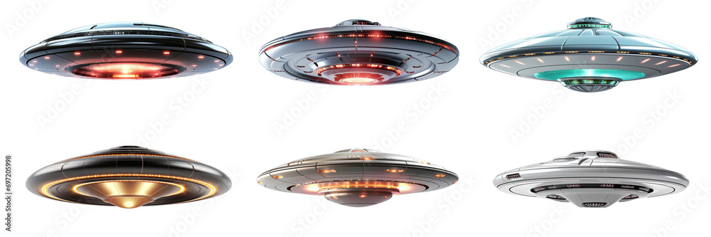 Set of UFOs isolated on a transparent or white background.