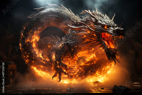 Ferocious fire-breathing dragon, a scary mystical creature