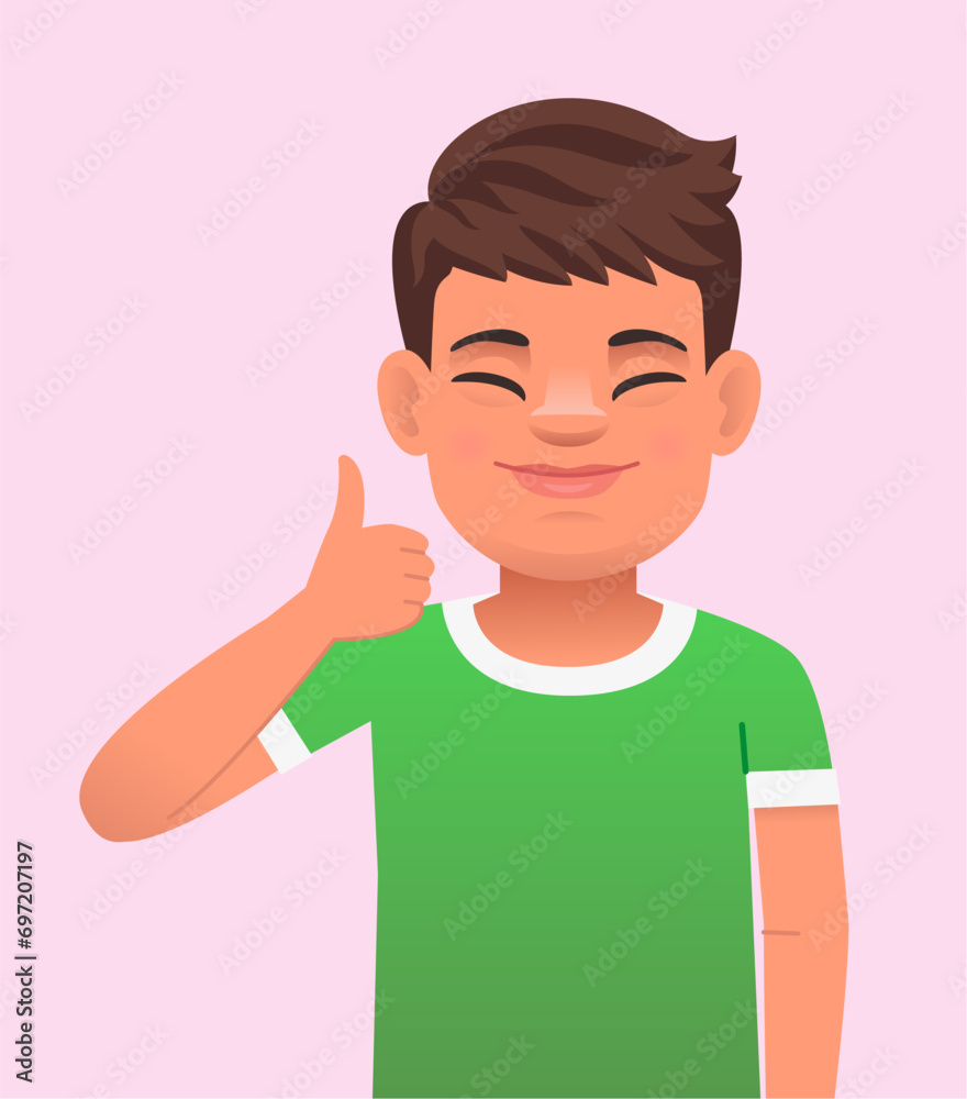 Joyful boy with the genetic disease Down Syndrome gestures with a Like sign. Confident guy. The sunny child.
