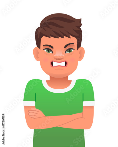 An angry, disgruntled little boy with the genetic disease Down Syndrome stands with his arms crossed. The sunny child.