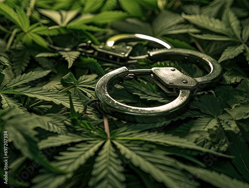 The handcuffs are lying on cannabis leaves.