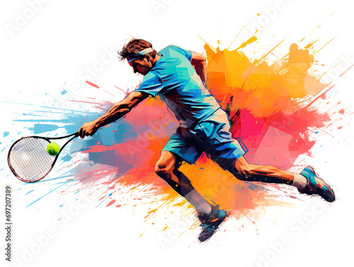 Tennis player with racket and ball on colorful splashes background