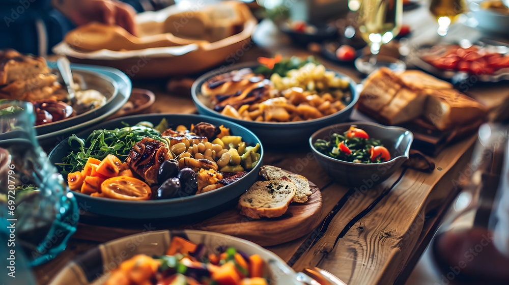 Gourmet Mediterranean Feast Spread on a Wooden Table