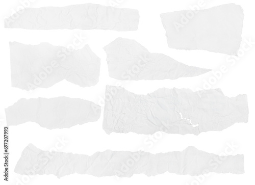 Set of Pieces of White Crumpled Paper on a Blank Background.