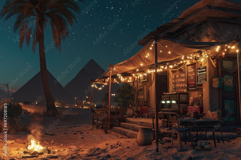 Pyramids by Firelight: Amidst the Darkness, a Campfire Illuminates the Night Sky Near Egypt's Pyramids, Setting the Stage for an Enchanting Evening of Adventure and Archaeological Wonders.

