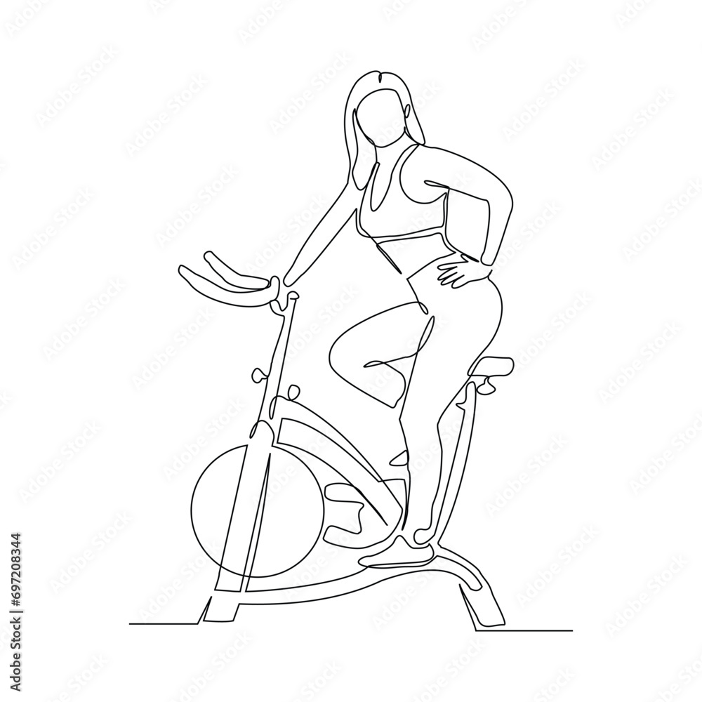 Continuous single line sketch drawing of athletic woman riding static bicycle at gym for speed endurance training. One line art of fitness sport healthy activity vector illustration
