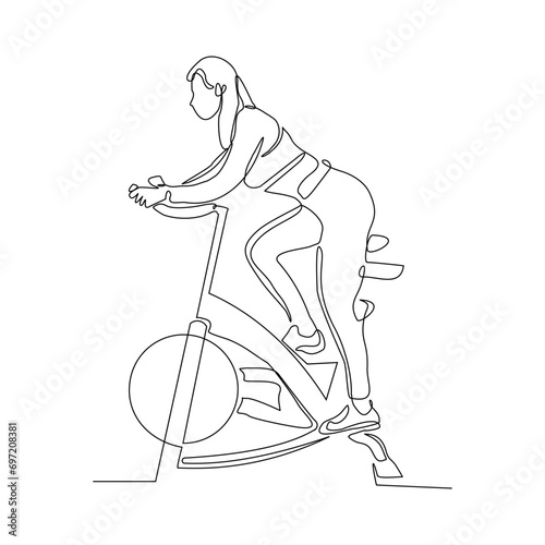 Continuous single line sketch drawing of athletic woman riding static bicycle at gym for speed endurance training. One line art of fitness sport healthy activity vector illustration
