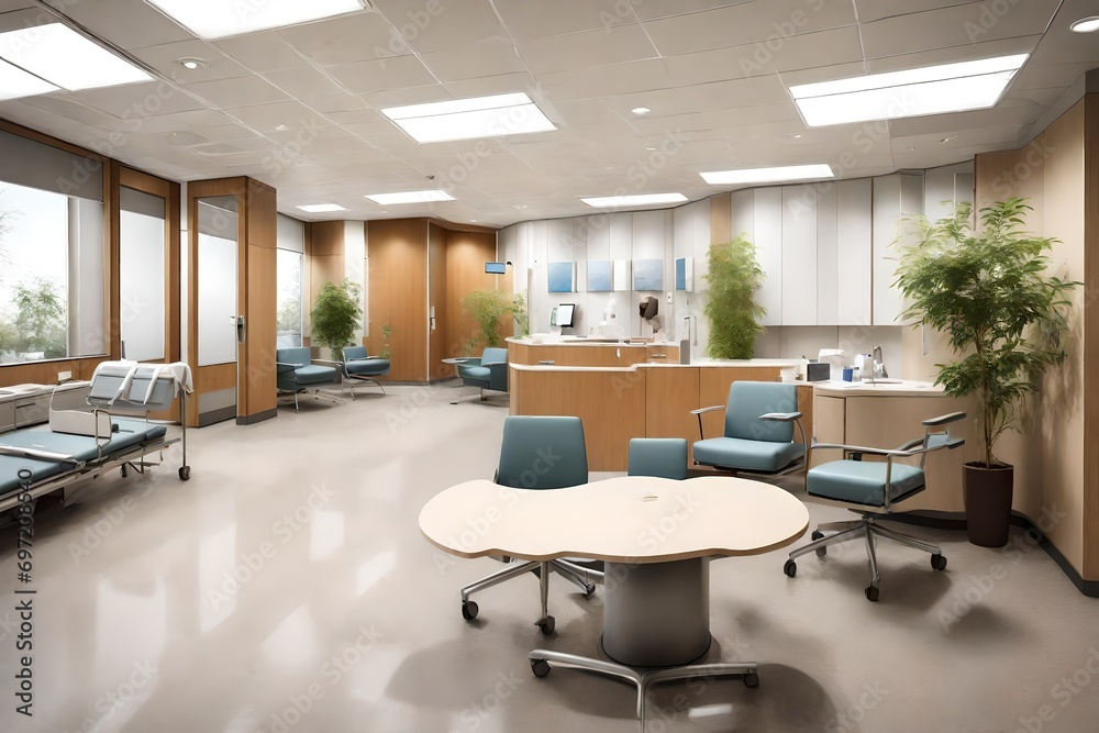 interior luxurious design og the hospital with waiting room and table chair decorated in different cooler 