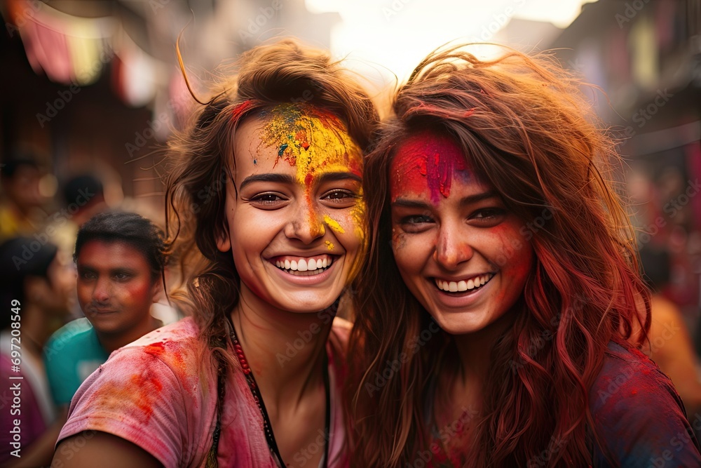 Portrait of happy smiling young girls with colourful paints on faces and clothes. Two friends spending time on holi color festival Portrait of happy smiling young girls with colourful paints on faces and clothes. Two friends spending time on holi color festival
