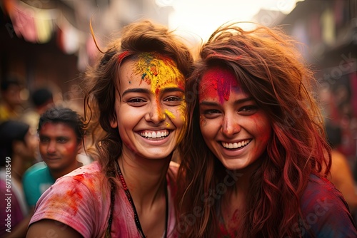 Portrait of happy smiling young girls with colourful paints on faces and clothes. Two friends spending time on holi color festival