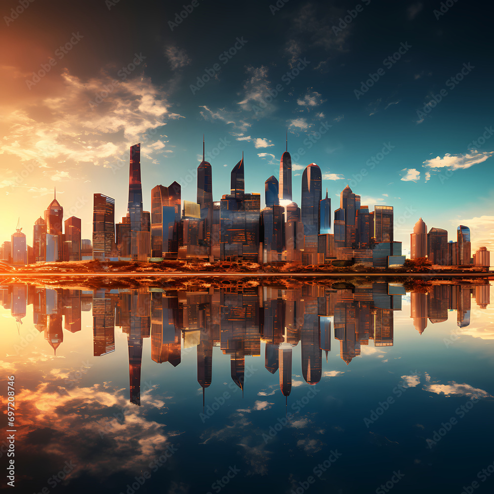 City skyline reflecting in the shimmering waters of a river