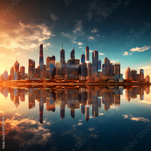 City skyline reflecting in the shimmering waters of a river