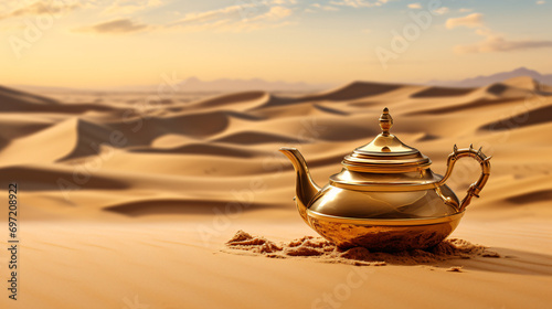 Oriental gold teapot lying on the sand in the desert