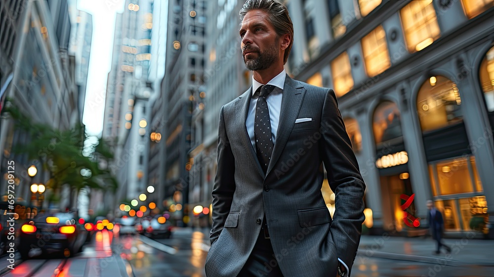 Evening portrait of a Scandinavian businessman in a formal suit against the backdrop of skyscrapers in the business district of the city. Success and prosperity. Hard work in finance. Evening portrait of a Scandinavian businessman in a formal suit against the backdrop of skyscrapers in the business district of the city. Success and prosperity. Hard work in finance.