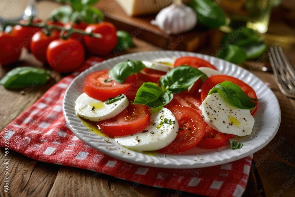 Mediterranean Romance: Caprese Salad with Heart-Shaped Mozzarella, a Culinary Delight Bringing Together the Classic Trio of Fresh Tomatoes, Basil, and Balsamic Vinegar in a Perfect Harmony of Flavors.